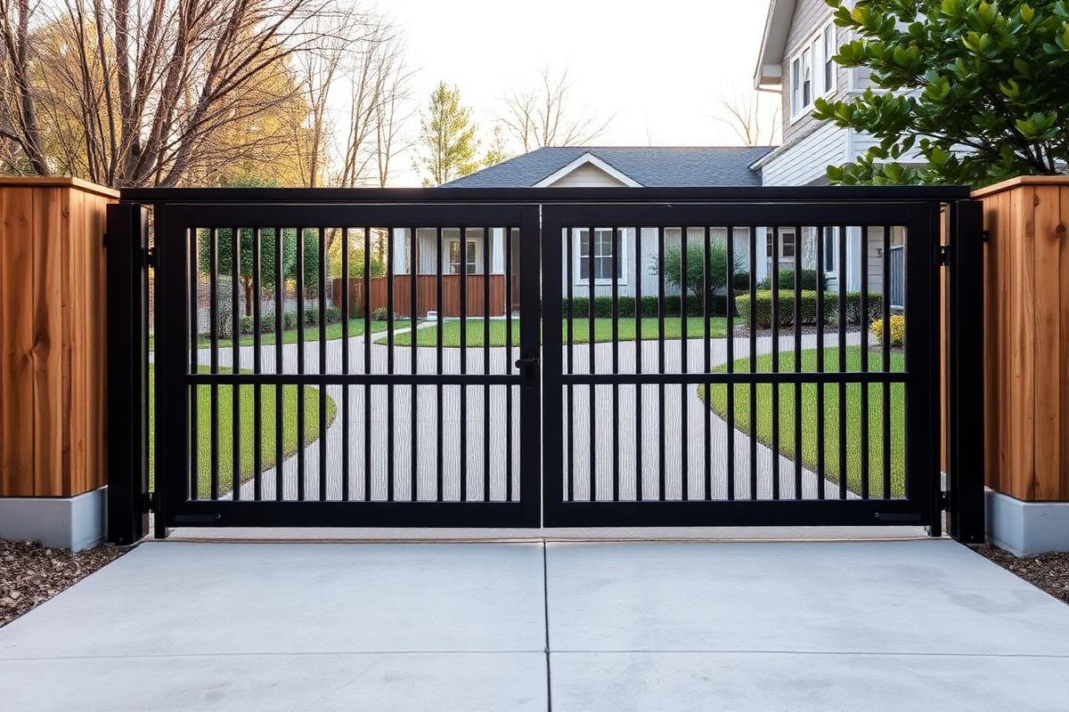 Black automatic driveway gate between wood fence sections at a residential home