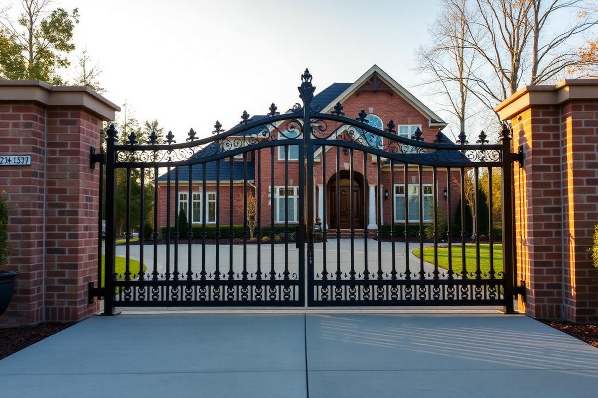 Black ornamental metal driveway gate between brick columns at the entrance of a residential driveway