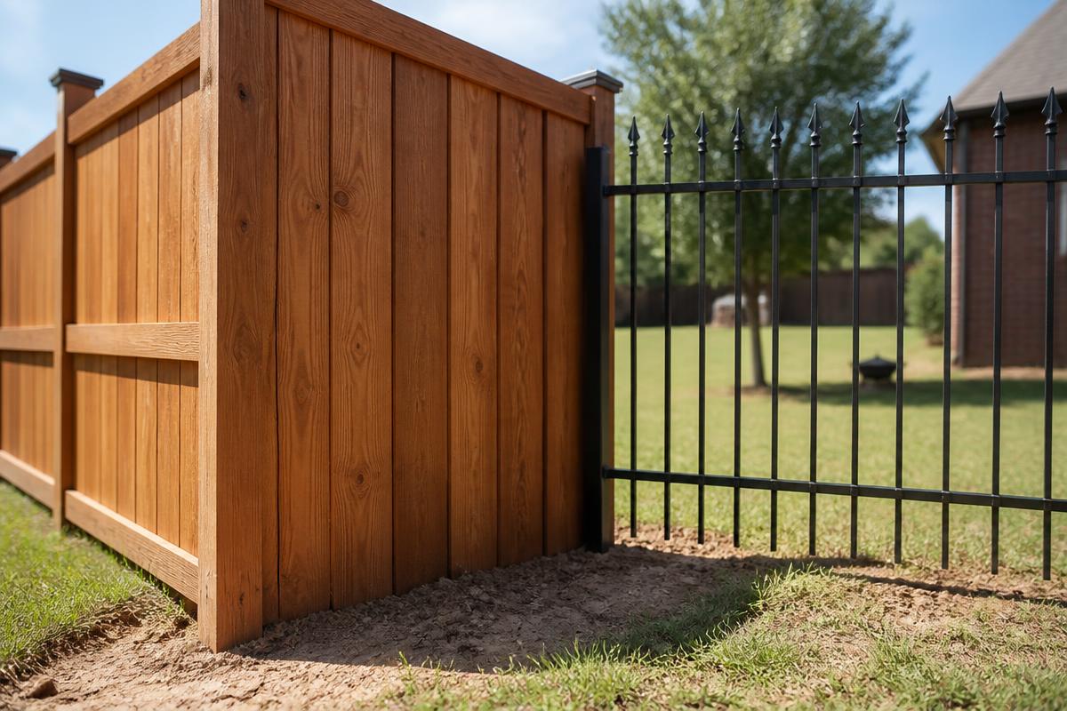 Cedar privacy fence meeting a black ornamental iron fence in a sunlit North Texas backyard with dry clay soil at the post bases