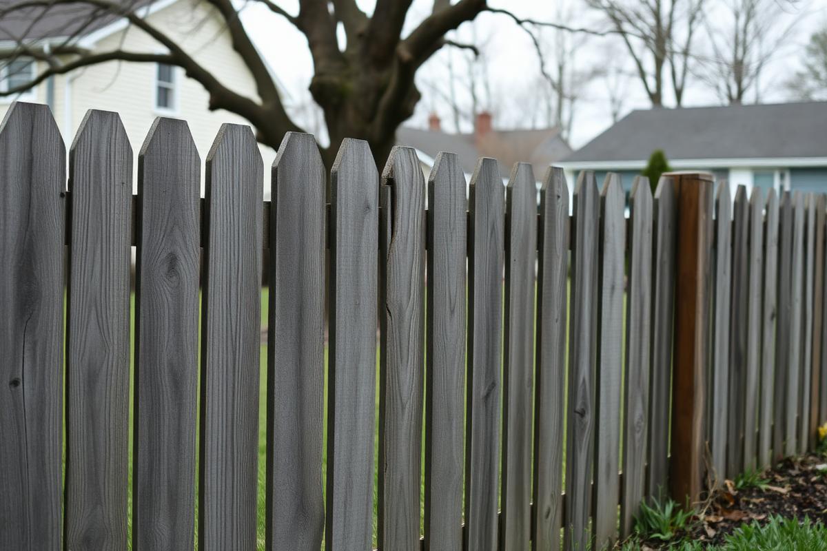 Weathered wood fence with a leaning section and a damaged post in a residential backyard