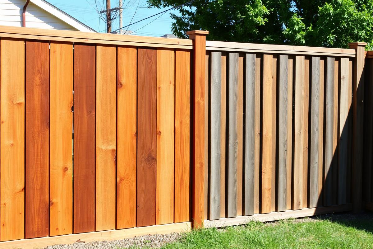 Freshly stained cedar fence section in a warm brown finish beside an unstained, weathered gray section