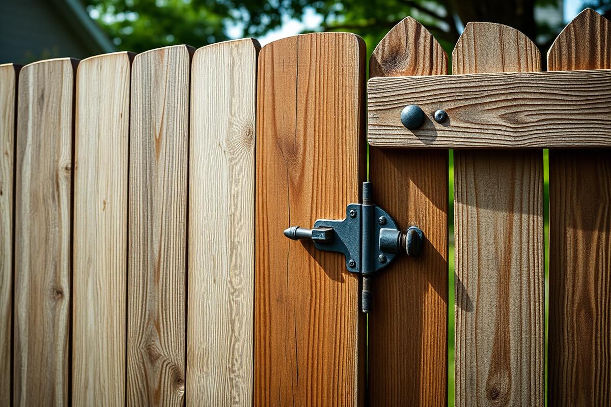 Close-up of a wooden gate latch and hinge that have pulled out of alignment on a residential fence