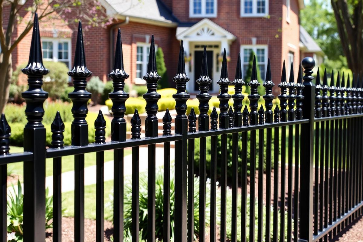 Black ornamental metal fence with spear-top pickets in front of a brick home